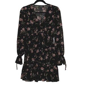 Lulu's Womens Flowy Floral Ruffle Tiered Boho Peasant Mini Dress Sz XS Black EUC